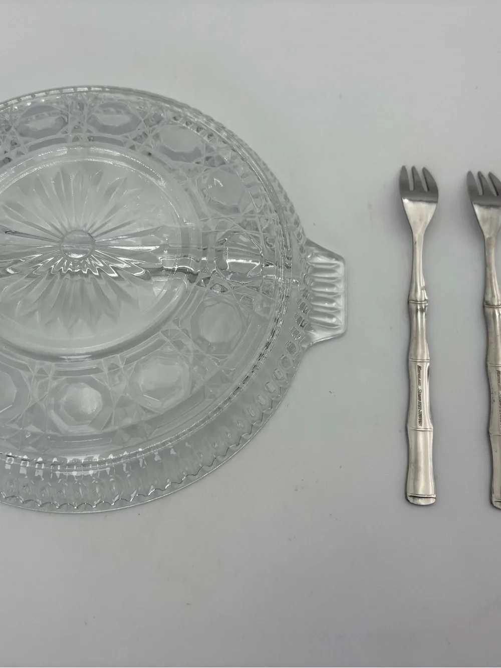 Vintage Federal Glass Windsor Pattern Divided Serving Bowl with Handle - 2 Forks